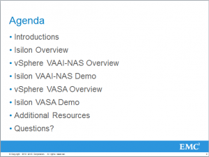 Agenda Slide for the Isilon/VMware Webcast