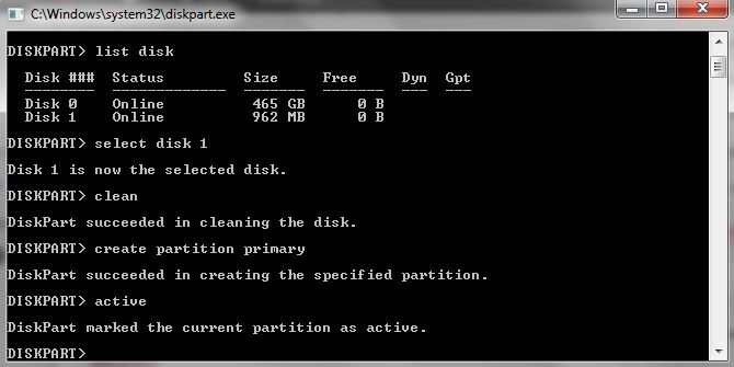 clean, create partition primary, active